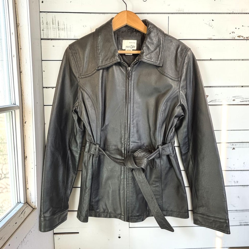 Vintage Black Leather Jacket East 5th M Belted Zip-Up Minimalist 90s Moto Fitted